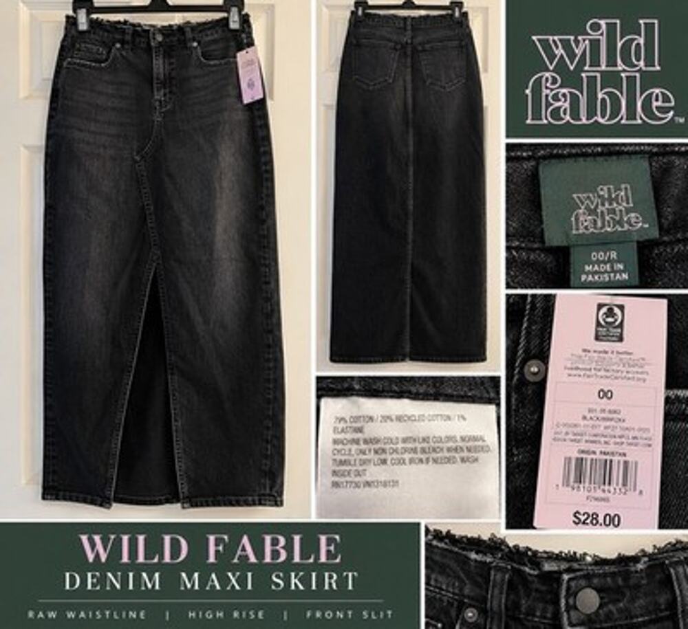 Wild Fable Denim Maxi Skirt Raw Waist Front Slit Black Women’s 00 NWT